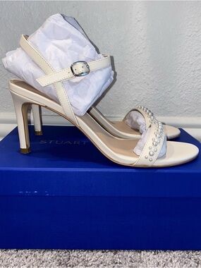Stuart Weitzman Pearl-Embellished Cream Strappy Heels